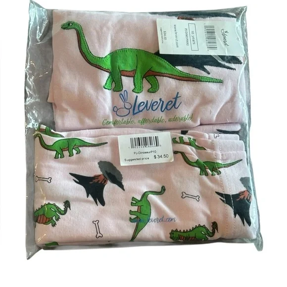 NWT Leveret Girls Long Sleeve Two-piece Pink Embroidered Dinosaur Pajamas - Picture 4 of 6